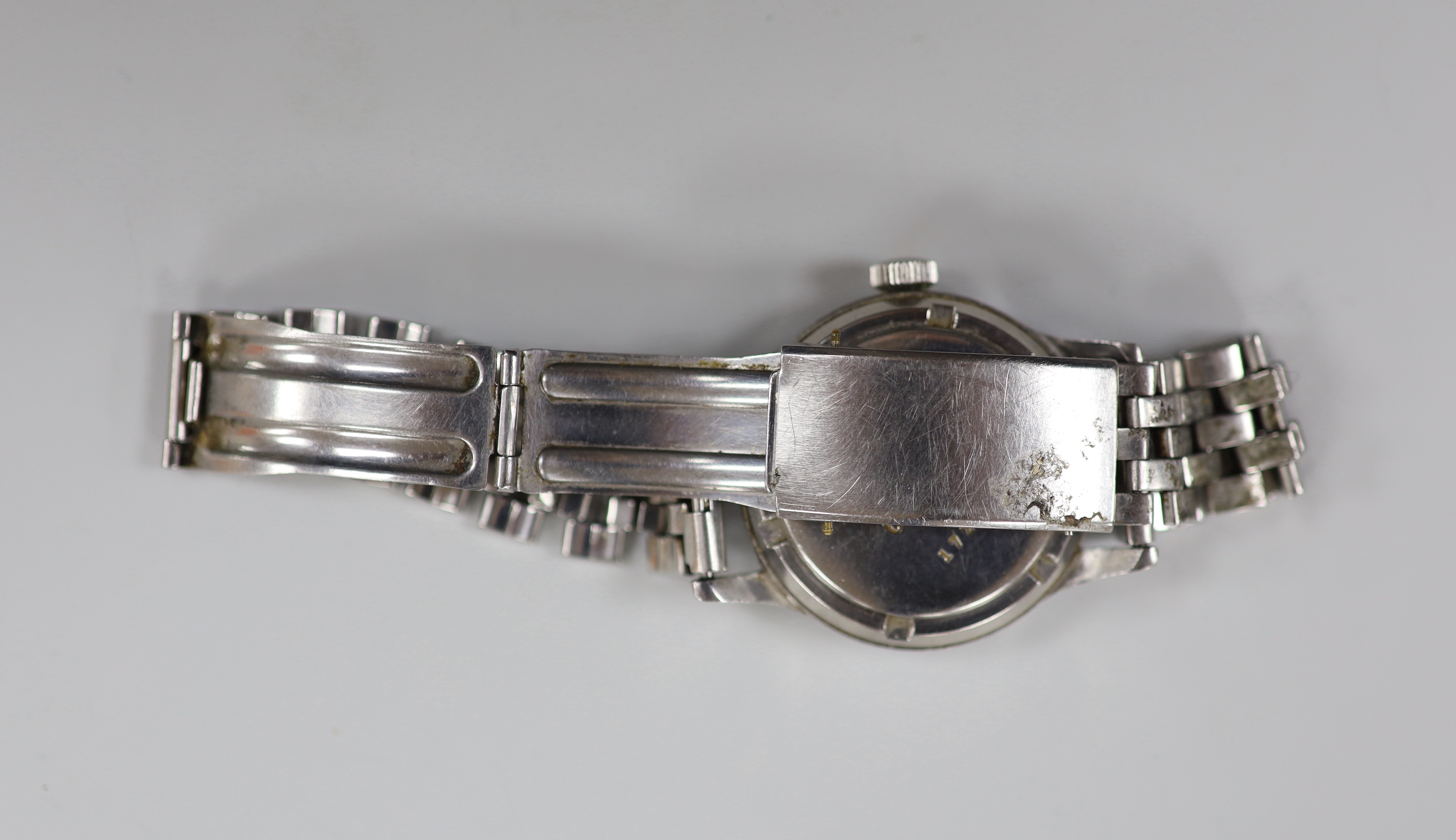 A gentleman's late 1940's steel military issue International Watch Co. manual wind black dial wrist watch, with Arabic dial with broad arrow, the case back with broad arrow and numbered 6B/346 1720/48, movement numbered